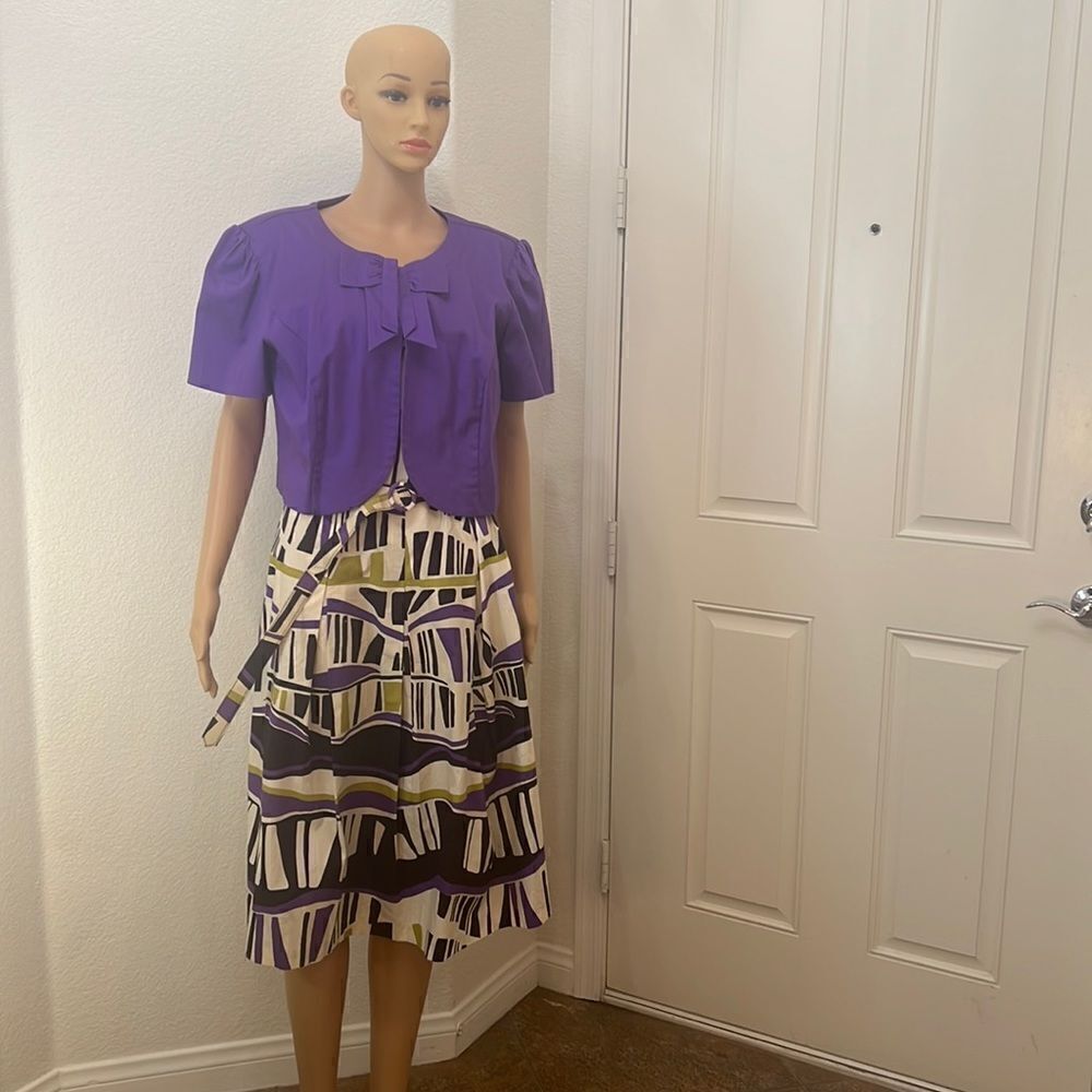 Danny & Nicole Dress Jacket Belt Sz 14W Cotton Spandex Purple Geometric Vintage